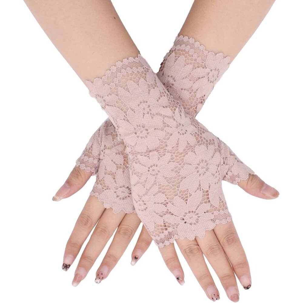 Women's St131-Purple Elegant Floral Lace Fingerless Short Gloves Party Prom